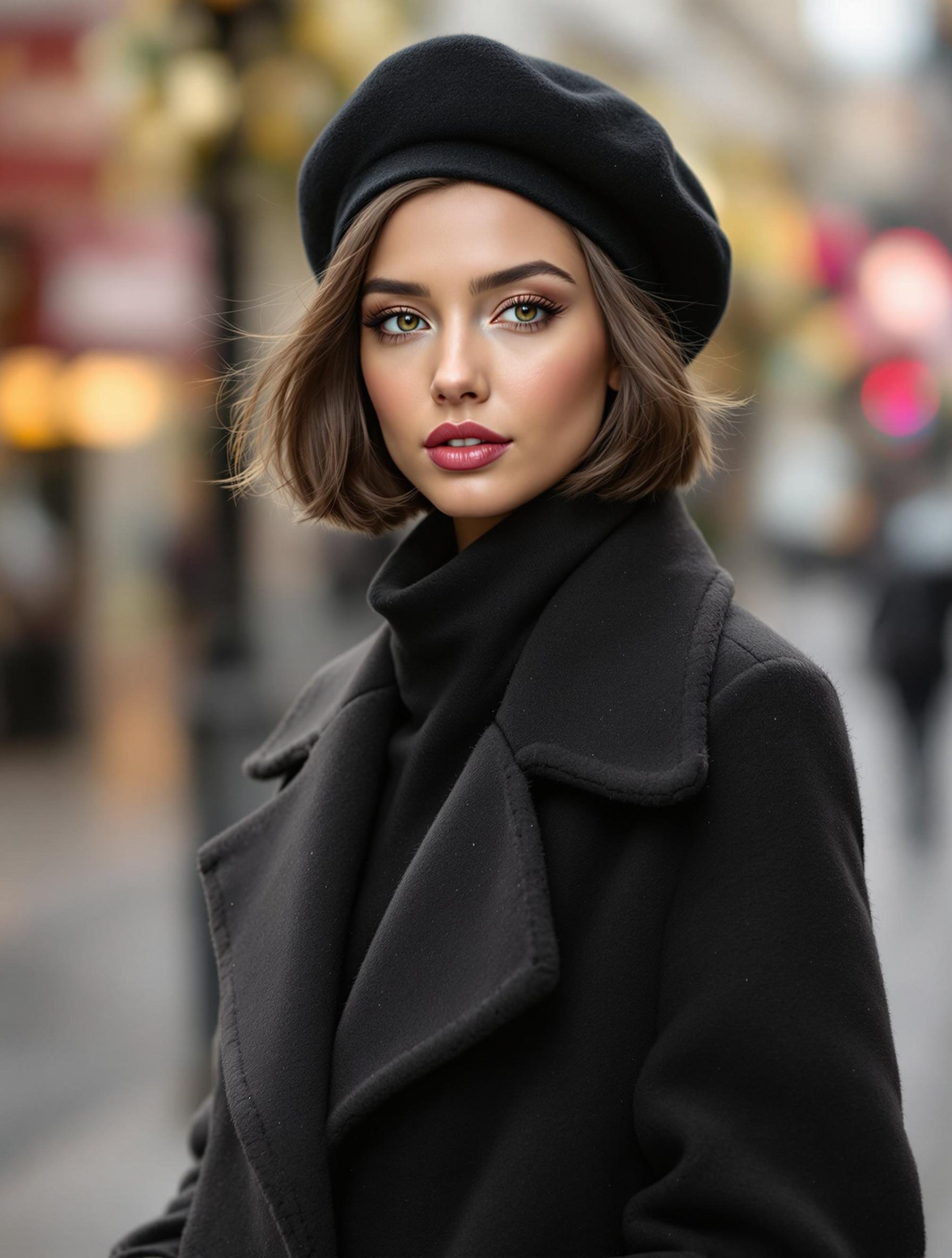 Une femme aux cheveux courts portant un béret noir chic, capturée dans une rue parisienne avec une lumière naturelle, incarnant un look élégant et intemporel