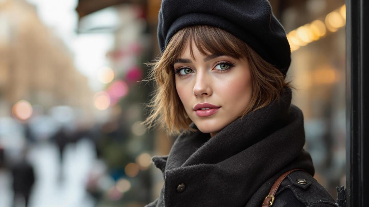 Une femme aux cheveux courts portant un béret noir chic, capturée dans une rue parisienne avec une lumière naturelle, incarnant un look élégant et intemporel