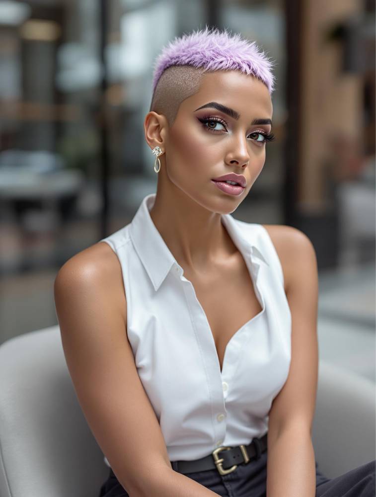 Une femme stylée avec un buzz cut lavande pastel, dégageant une confiance élégante dans un cadre urbain.