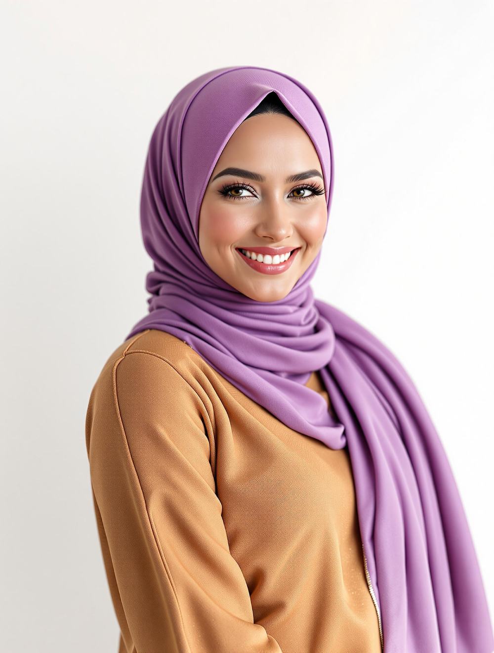Une femme élégante portant un hijab en soie rose pastel, adapté à sa morphologie et à son teint, souriante et posant dans une lumière naturelle avec un fond blanc lumineux. Le choix parfait pour allier style et confort.