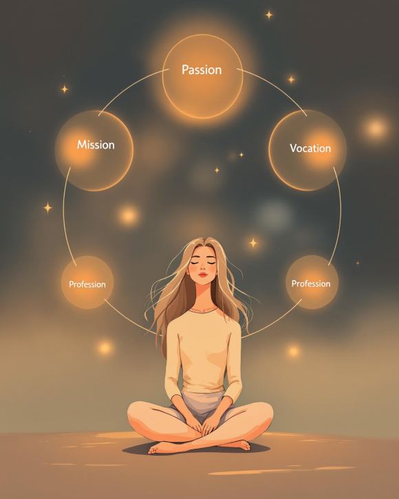 Une femme assise en méditation entourée d'un schéma d'Ikigai représentant passion, mission, vocation et profession. Illustration inspirée de la philosophie japonaise.