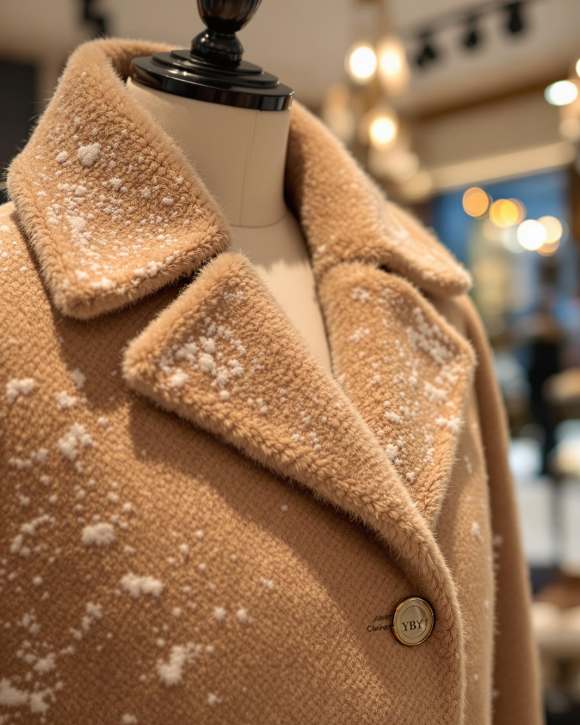 Manteau en laine élégant porté par une femme en hiver dans un paysage enneigé