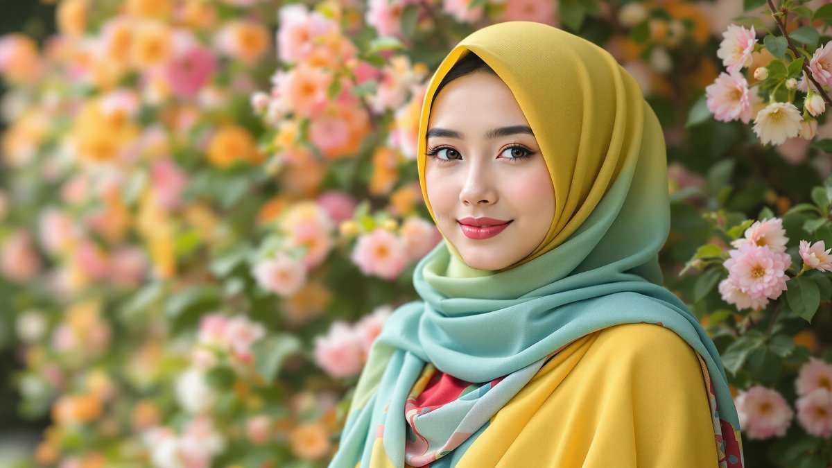 Jeune femme élégante portant un hijab coloré, entourée d’un décor naturel, parfait pour s’inspirer des tendances mode hijab-friendly toutes saisons.
