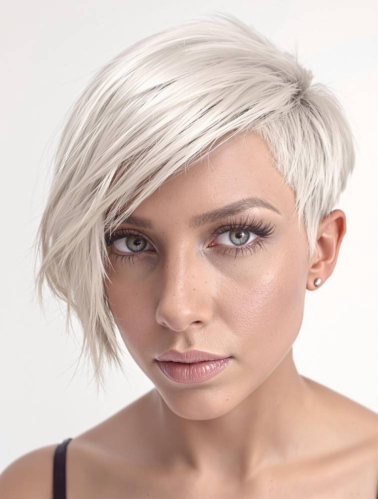 Une femme confiante avec une coupe pixie asymétrique audacieuse en blond platine, mettant en valeur un style affirmé.