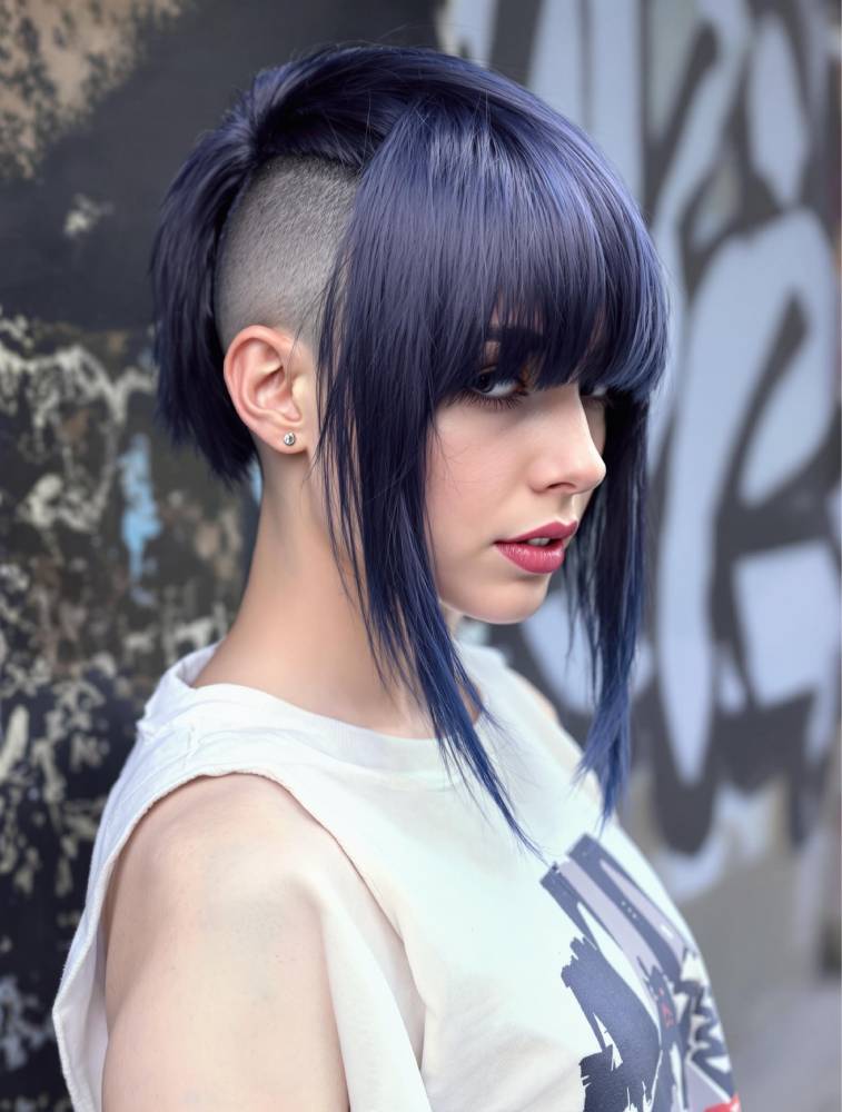 Une jeune femme avec un undercut audacieux et une frange longue bleu nuit, posant dans un cadre urbain avec des graffitis.