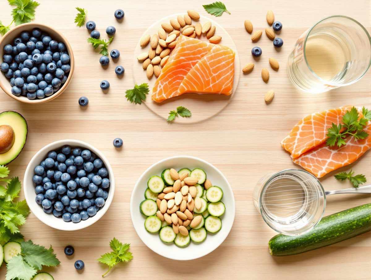 Flat lay d'aliments bénéfiques pour la peau comme l'avocat, le saumon et les myrtilles, parfaits pour une routine beauté naturelle.