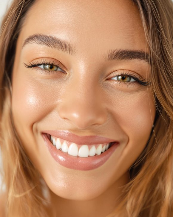 Image d'une femme souriante avec une peau lisse et éclatante, représentant les bienfaits du collagène pour la beauté et la santé de la peau.