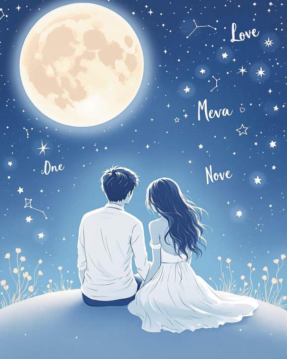 Couple amoureux sous une pleine lune avec des constellations, symbolisant l’harmonie astrologique et la numérologie des prénoms.
