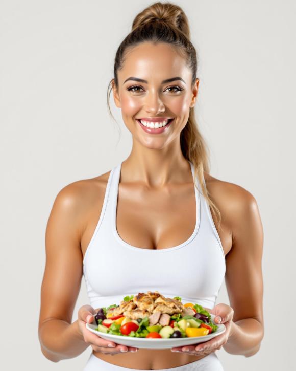 Découvrez cette image inspirante d'une femme motivée dégustant un plat sain à base de thon, parfaite pour illustrer un article sur la perte de poids et le régime thon.