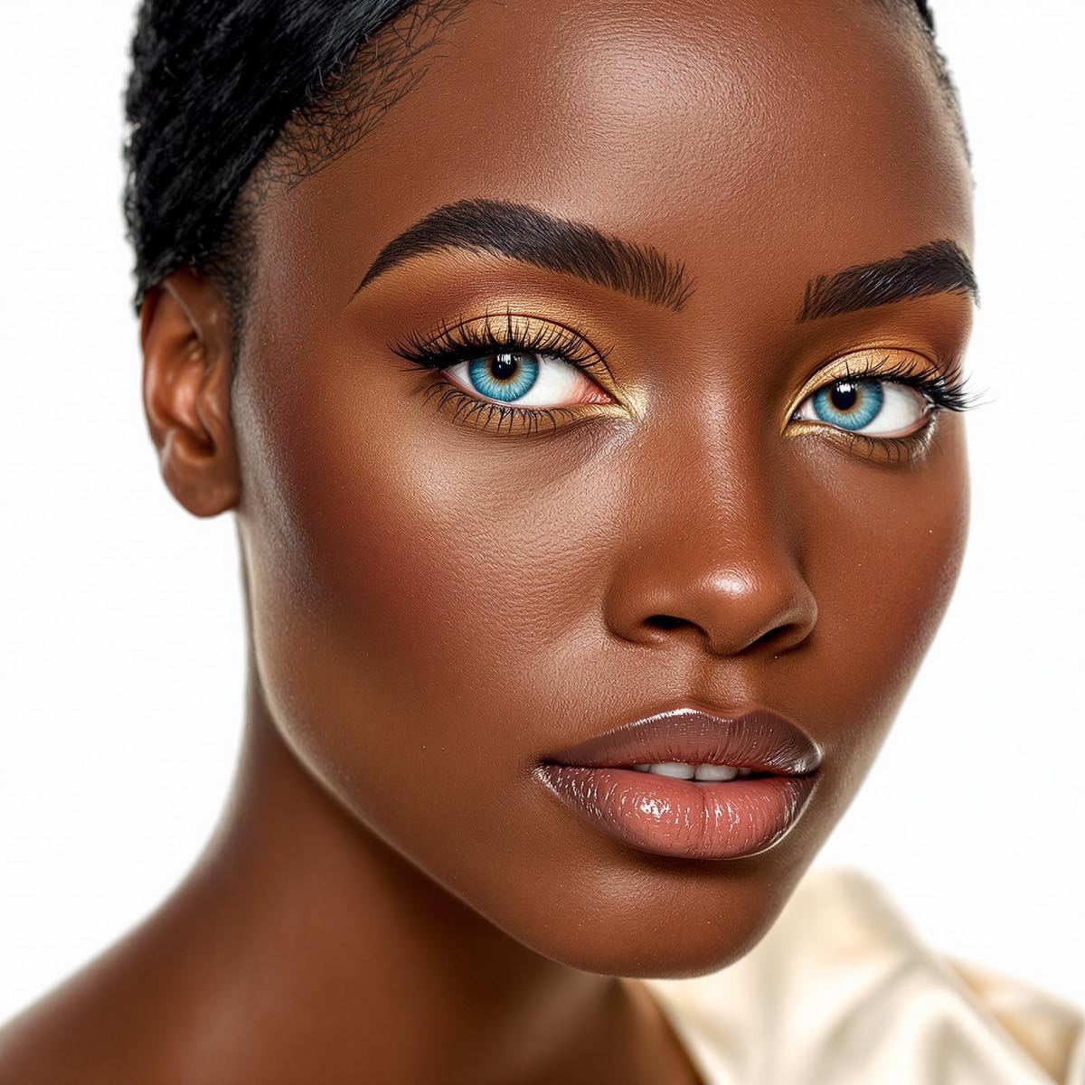 Portrait en studio d'une femme noire aux yeux bleu turquoise intenses, avec un fond blanc minimaliste et maquillage subtil.