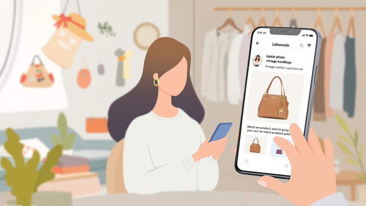 Une femme élégante naviguant sur l’application Leboncoin, utilisant la recherche par photo pour trouver un sac à main vintage.