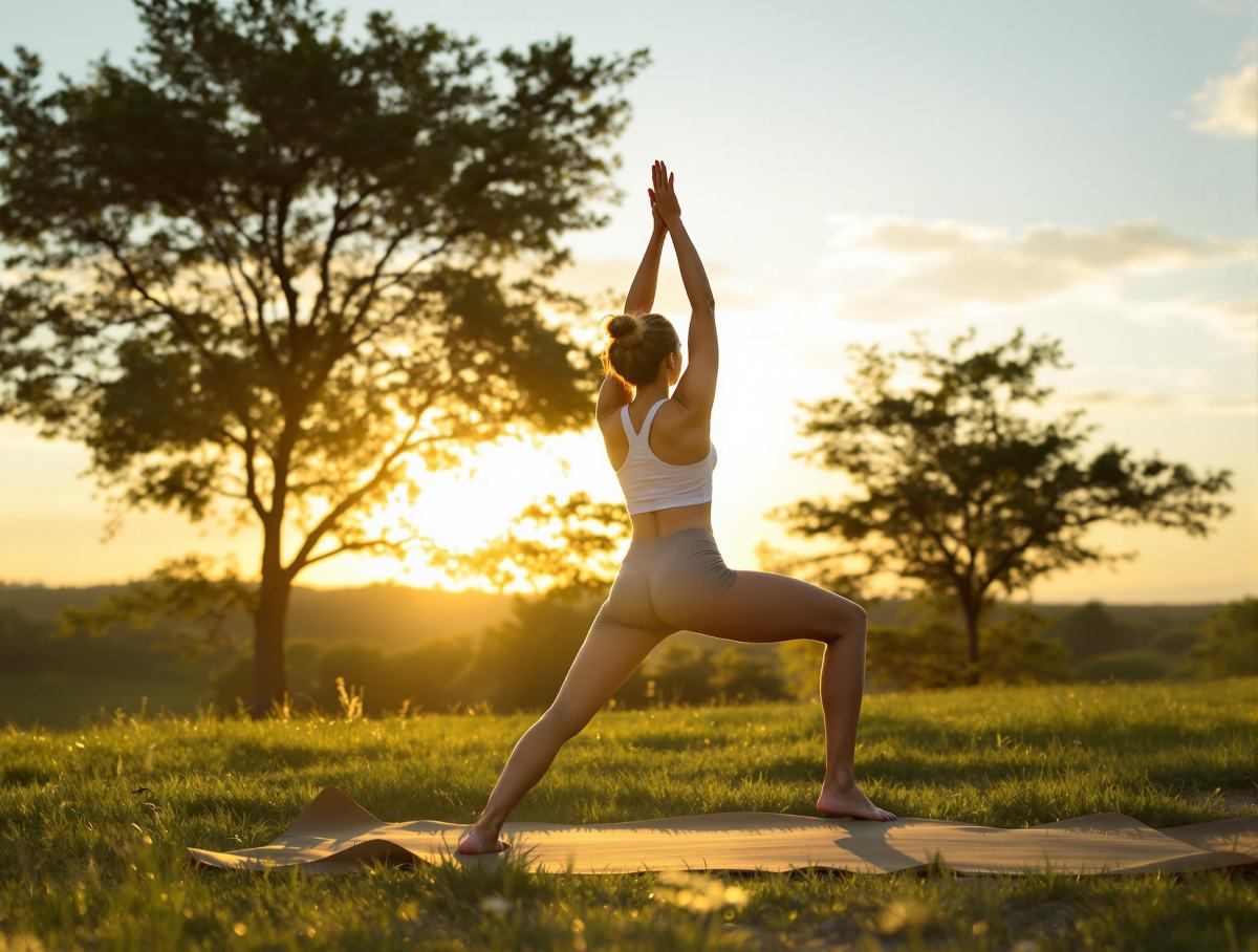 Photo d'une femme pratiquant le yoga en extérieur, mettant en avant l'importance de l'équilibre et du bien-être pour la santé de la peau.