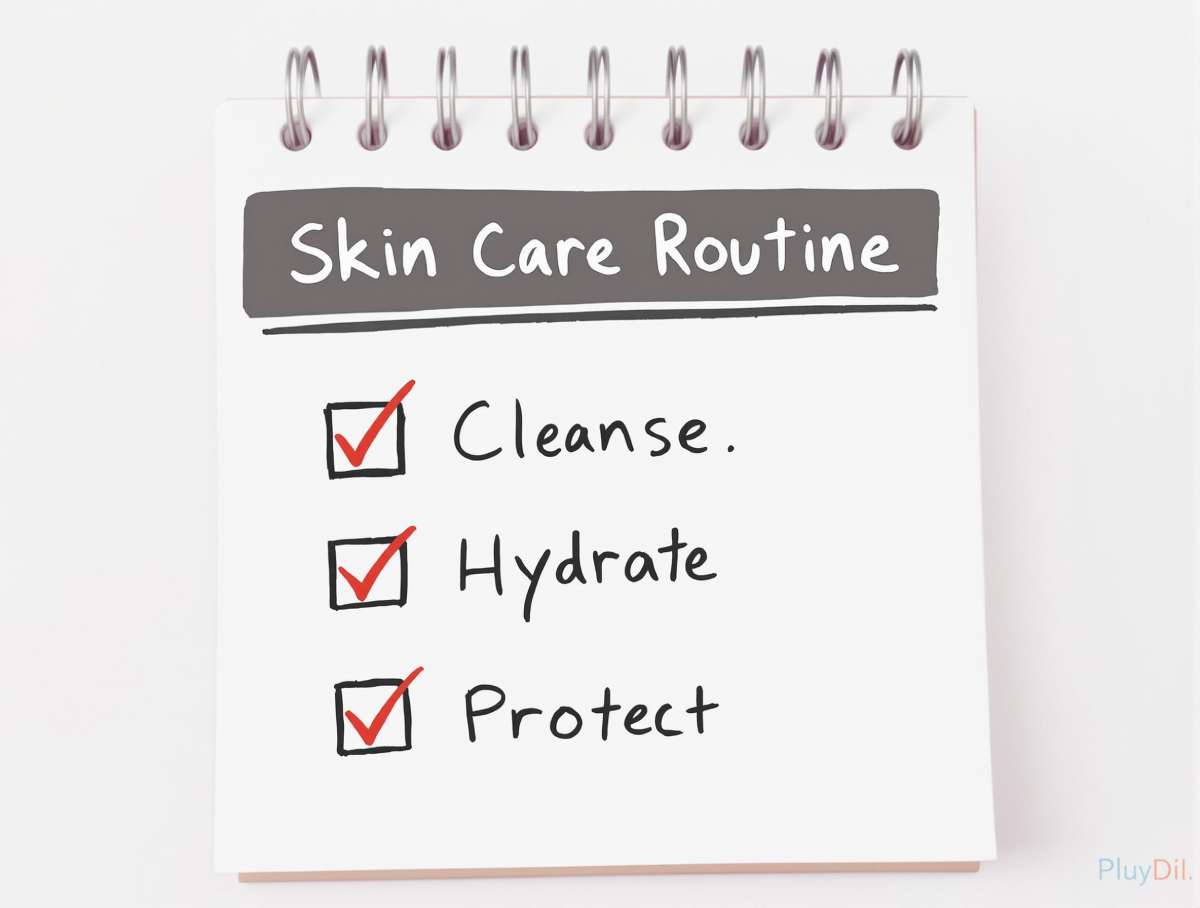 Illustration d'un checklist de soins beauté, incluant les étapes essentielles : nettoyage, hydratation, protection solaire.