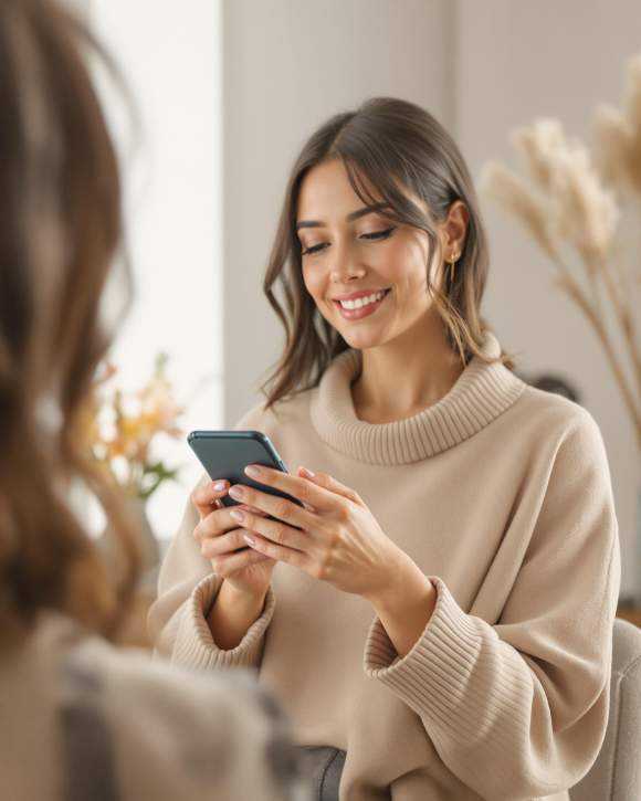 Femme réservant un rendez-vous beauté sur l'application Planity