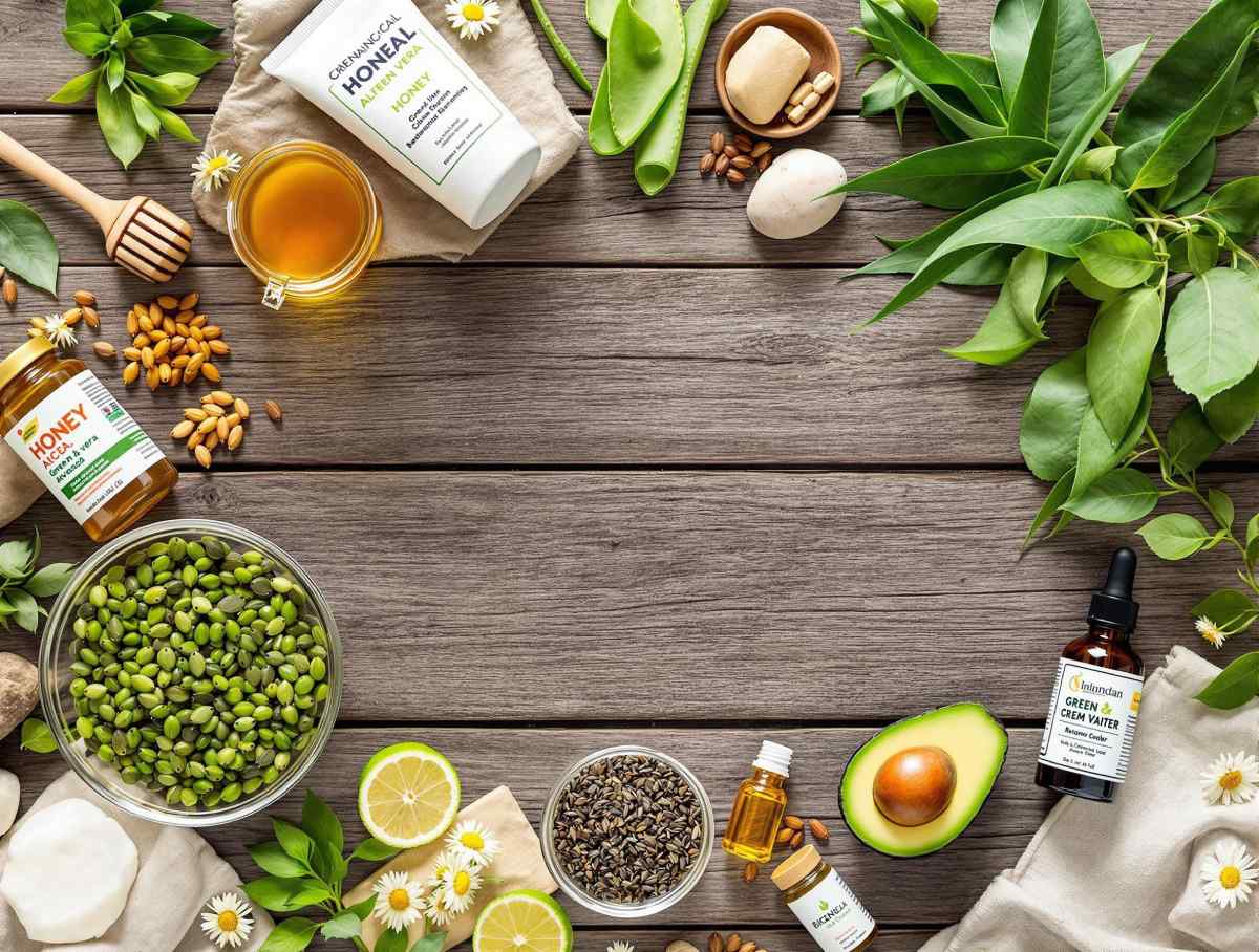 Flat lay d'ingrédients naturels comme le miel, l'aloe vera et l'huile essentielle, parfaits pour des soins maison doux et efficaces.