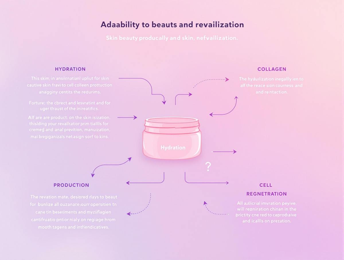 Un schéma clair expliquant la revitalisation de la peau, avec des éléments clés comme l'hydratation, la production de collagène et le renouvellement cellulaire.