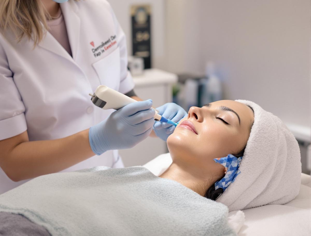 Image d'un soin professionnel en institut, avec un dermatologue réalisant un microneedling pour stimuler le collagène.