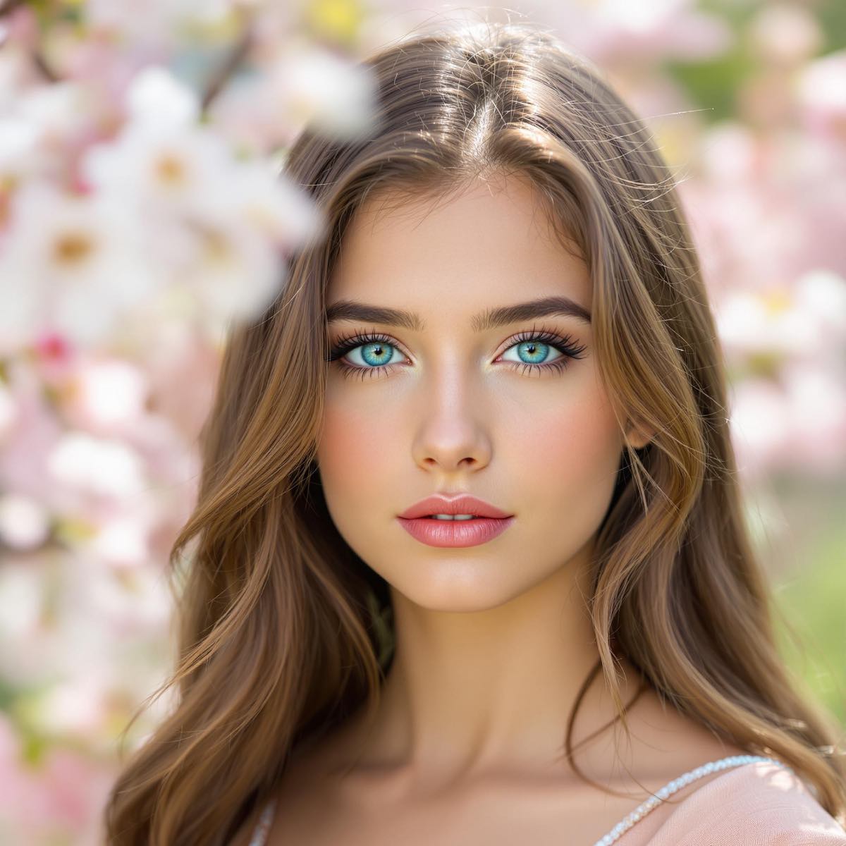 Portrait d'une femme aux yeux bleu turquoise, capturée dans un jardin fleuri au printemps avec une lumière douce et naturelle