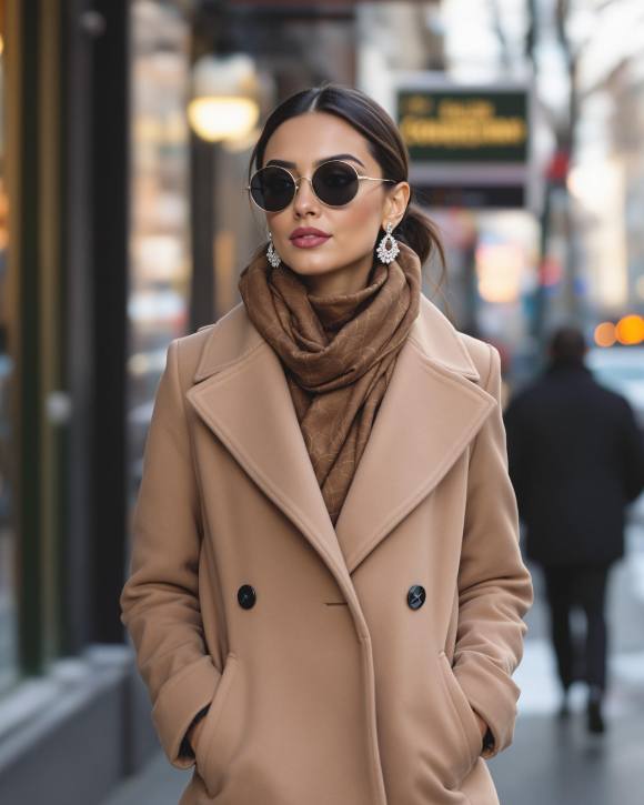 Femme élégante marchant dans la rue en hiver, portant un manteau chic et des boucles d’oreilles H&M scintillantes