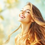 Femme souriante avec de longs cheveux brillants, exprimant confiance et bien-être