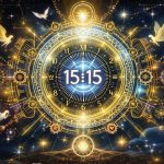 Illustration de l’heure miroir 15h15 avec symboles spirituels et énergies universelles