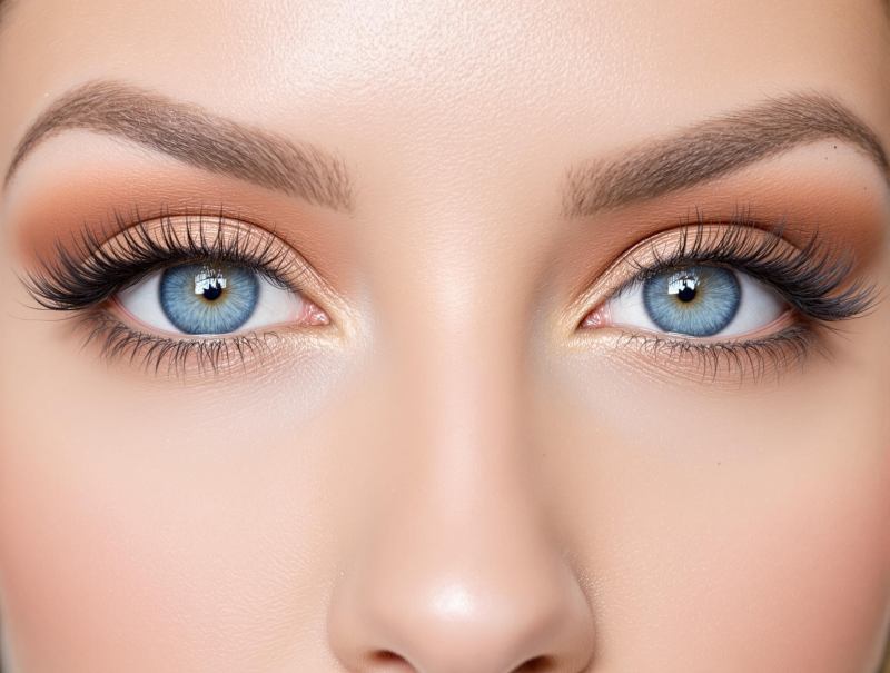Yeux bleus maquillés avec des teintes chaudes pour un regard intense