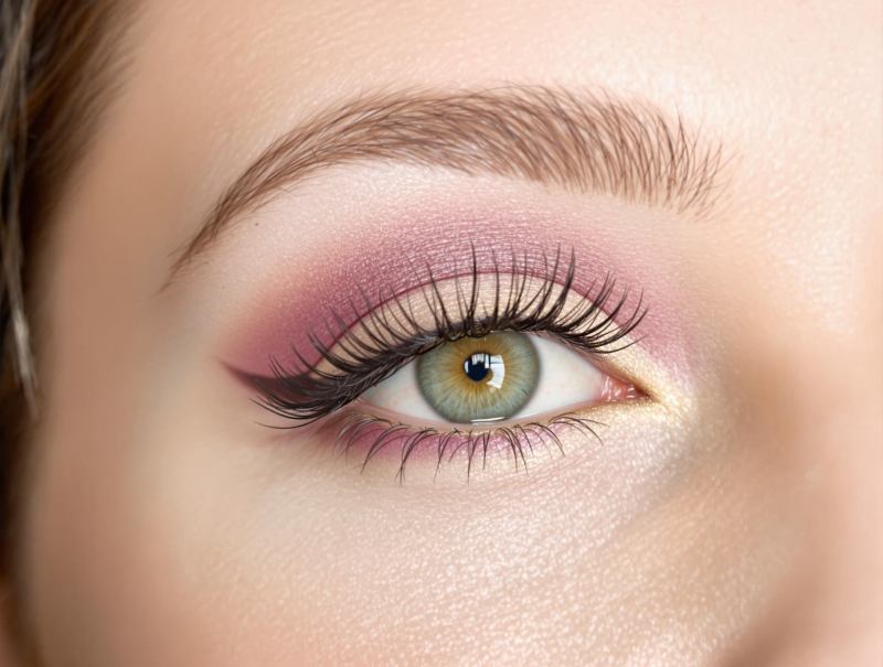 Gros plan sur des yeux verts mis en valeur avec des tons violets et dorés