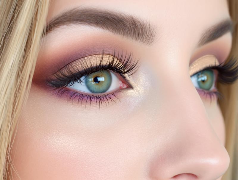 Gros plan sur des yeux verts mis en valeur avec des tons violets et dorés