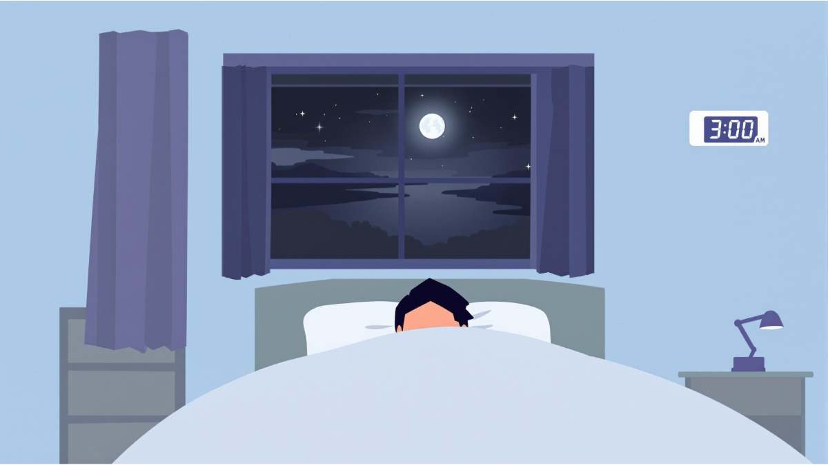 Personne réveillée en pleine nuit à 3h du matin, allongée dans son lit, cherchant à se rendormir