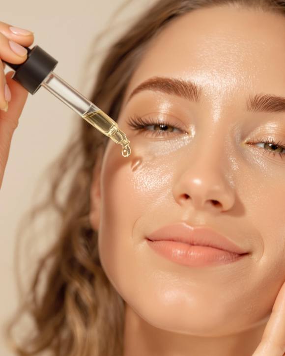 Femme appliquant un sérum hydratant sur son visage pour une peau lumineuse et hydratée.