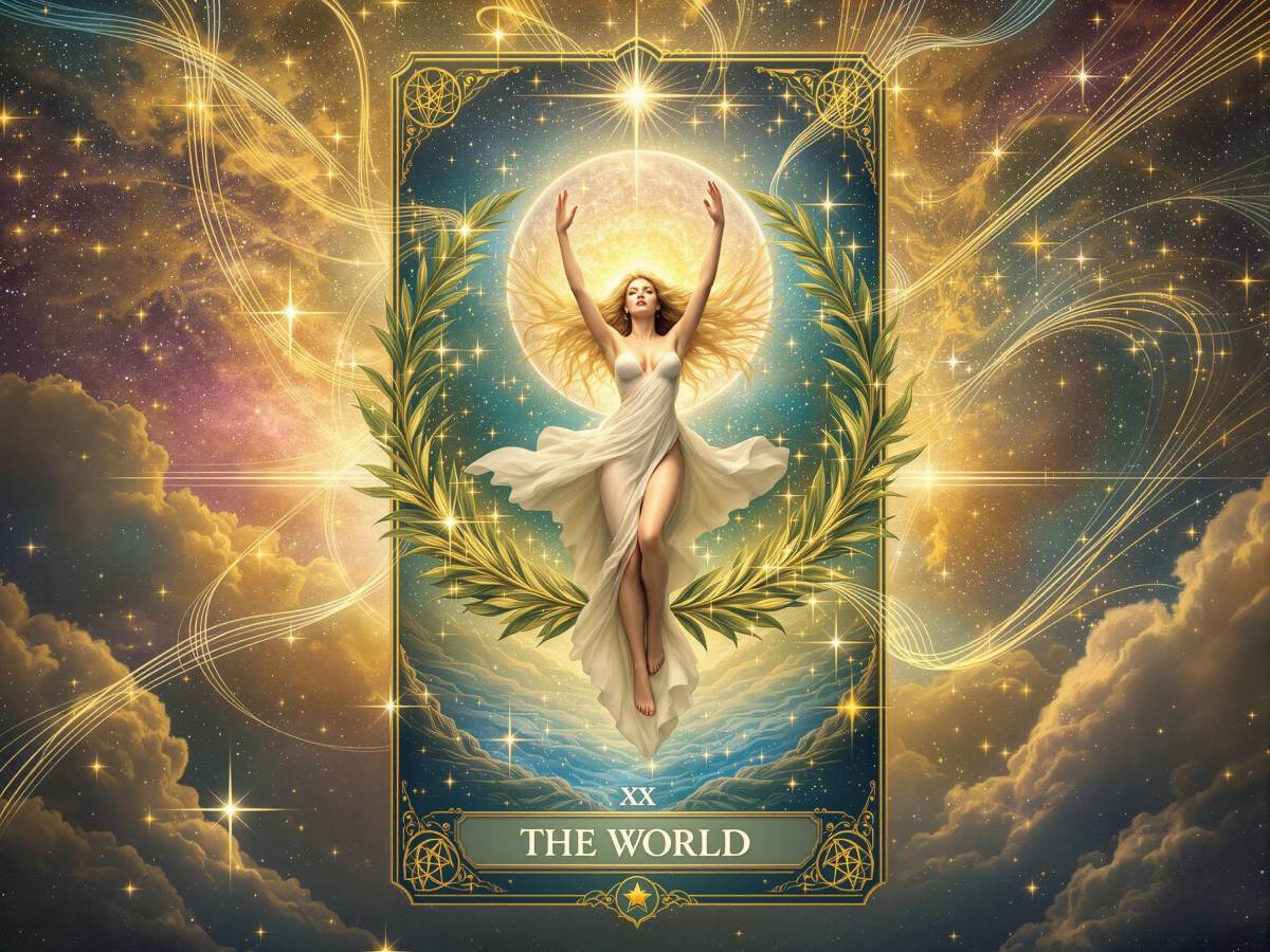 Illustration mystique de la carte du Monde dans le tarot, symbole d’accomplissement, d’unité et de chemin de vie aligné
