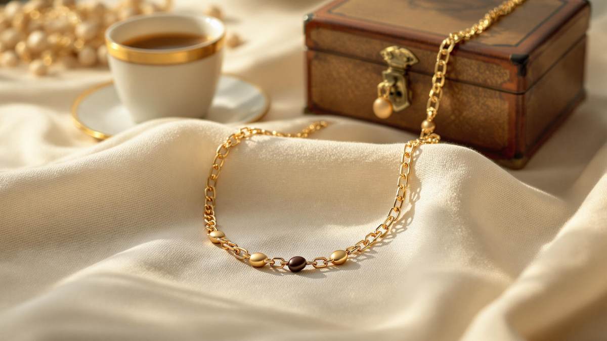 Collier grain de café en or posé sur un tissu, bijou élégant au style méditerranéen