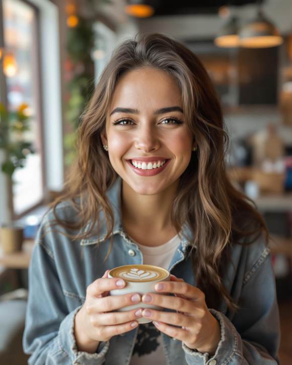 Femme urbaine buvant un flat white dans un coffee shop chaleureux