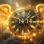 Horloge affichant 14h14 avec une lumière spirituelle et une énergie mystique