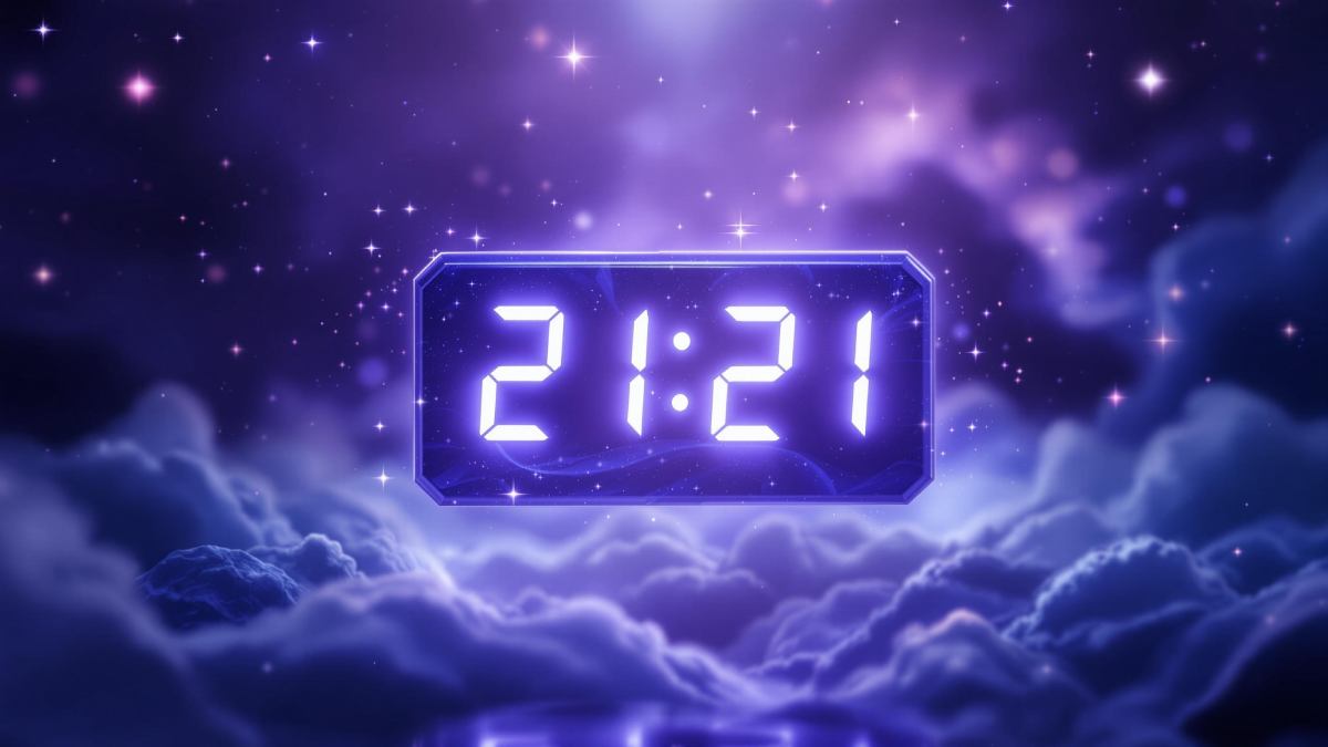 Représentation spirituelle de l’heure miroir 21h21 sur un cadran numérique lumineux avec fond céleste