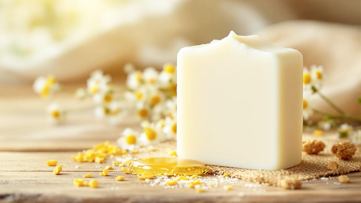 Savon au lait d’ânesse posé sur une surface en bois avec des fleurs de camomille