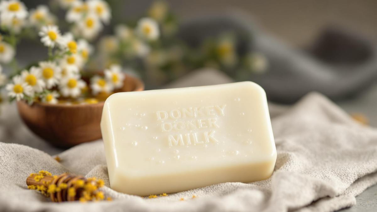 Savon au lait d’ânesse posé sur une serviette avec du miel et des fleurs de camomille