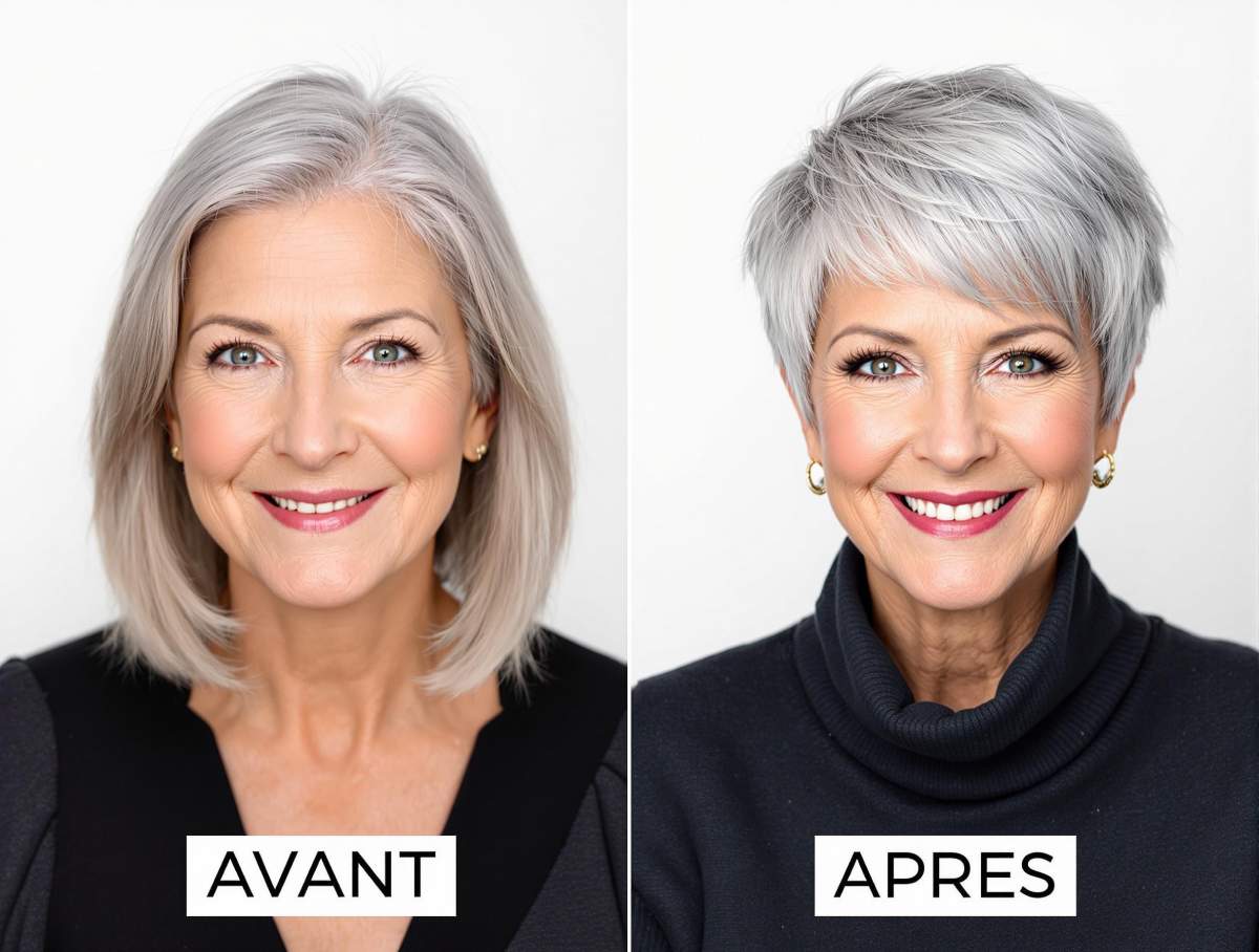 Transformation avant/après d’une femme de 60 ans : cheveux longs gris naturels devenus coupe courte pixie argentée, expression rayonnante