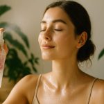 Jeune femme hydratant son visage naturellement avec une brume florale