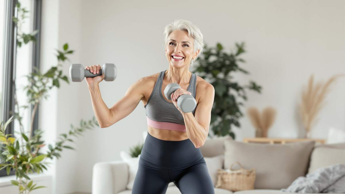 Article Addict Beauté – Femme de plus de 60 ans en train de se muscler chez elle
