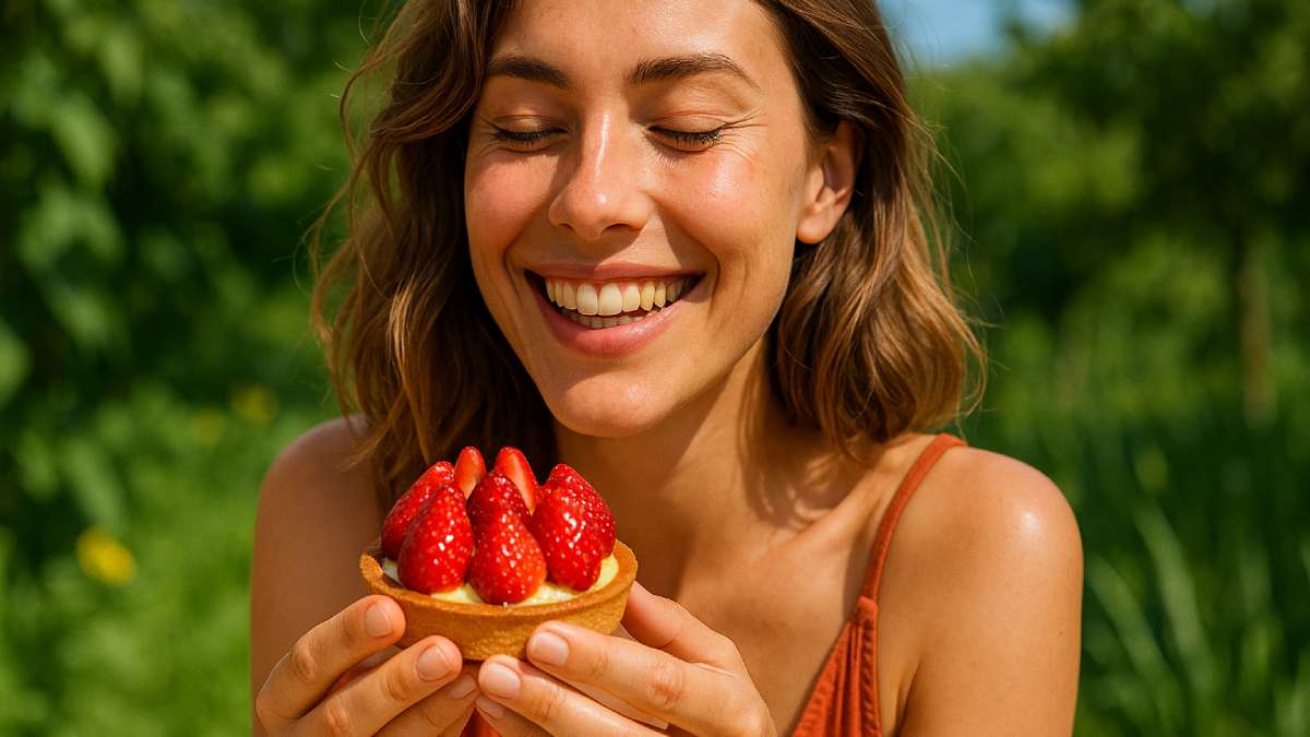 Femme qui déguste une tarte aux fraises légère