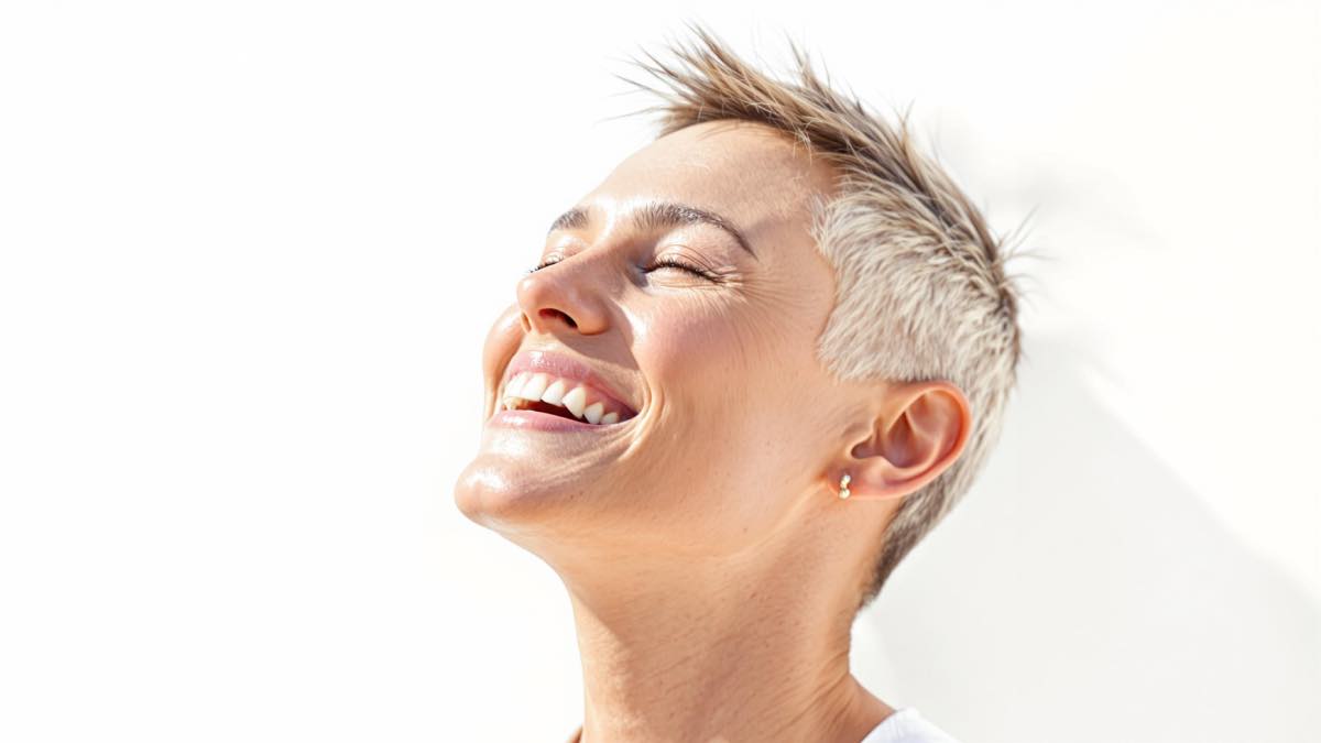 Femme souriante avec une coupe courte tendance pour l’été 2025