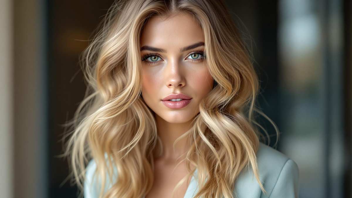 Femme avec des cheveux blond cendré et un look élégant