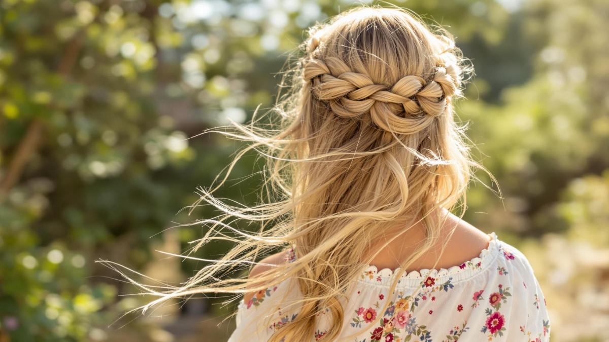 Femme avec tresse couronne style bohème en été