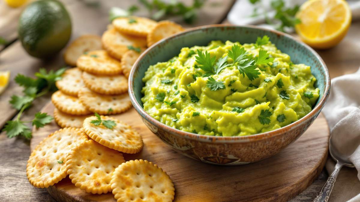 Bol de guacamole à la courgette avec coriandre et citron, servi avec des crackers