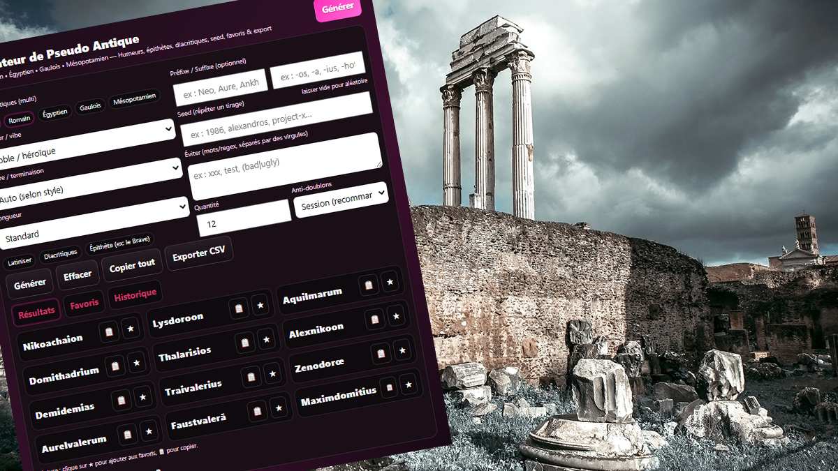 Générateur de pseudo antique : idées de noms grecs, romains & celtes (outil gratuit)