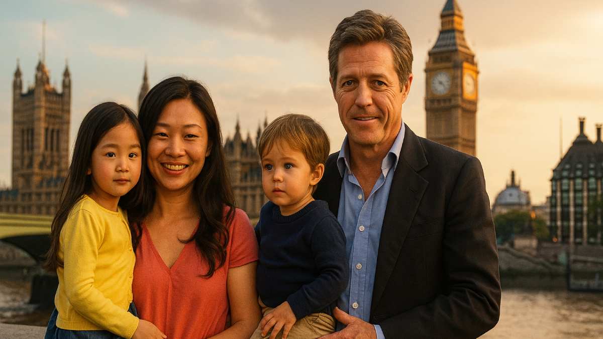 Photo de Tinglan Hong et Hugh Grant aux côtés de leurs enfants, symbole d’une histoire entre amour et célébrité. Image générée par IA © AddictBeaute.com