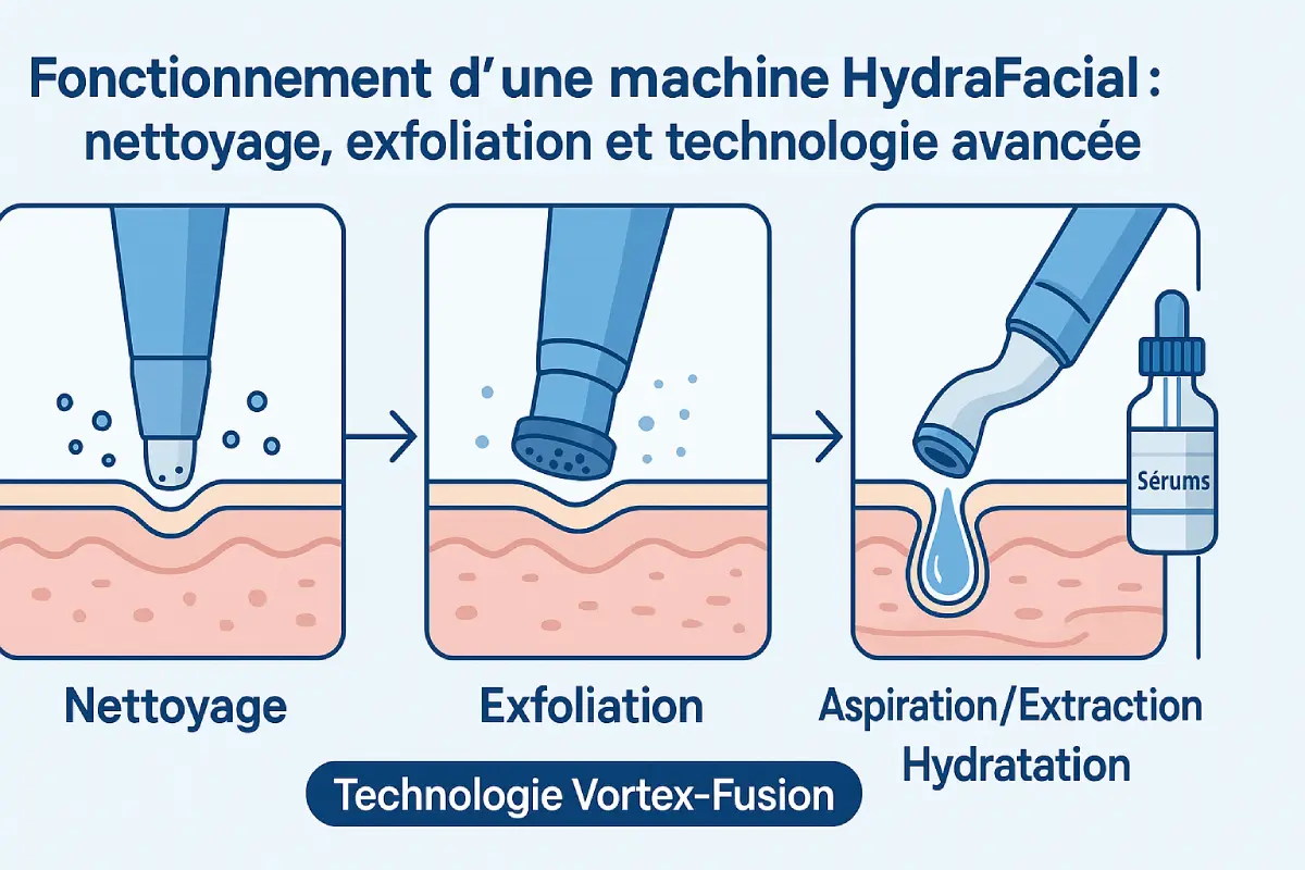 Infographie du fonctionnement d’une machine HydraFacial : nettoyage, exfoliation et technologie avancée