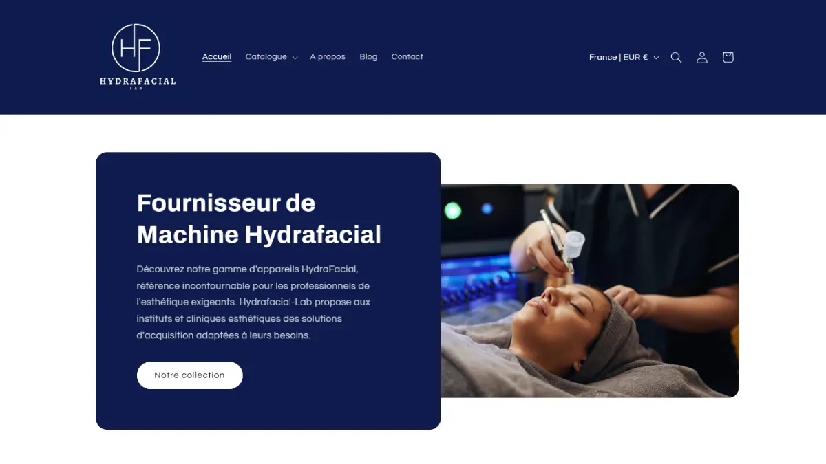 Capture écran hydrafacial-lab.fr le 15 octobre 2025. La boutique en ligne avec un large choix de machines HydraFacials