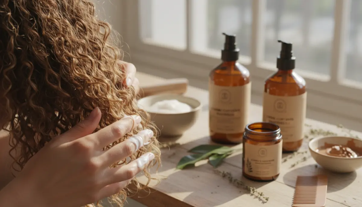 Mains féminines appliquant une crème coiffante hydratante sur des cheveux bouclés brillants pour une routine capillaire personnalisée